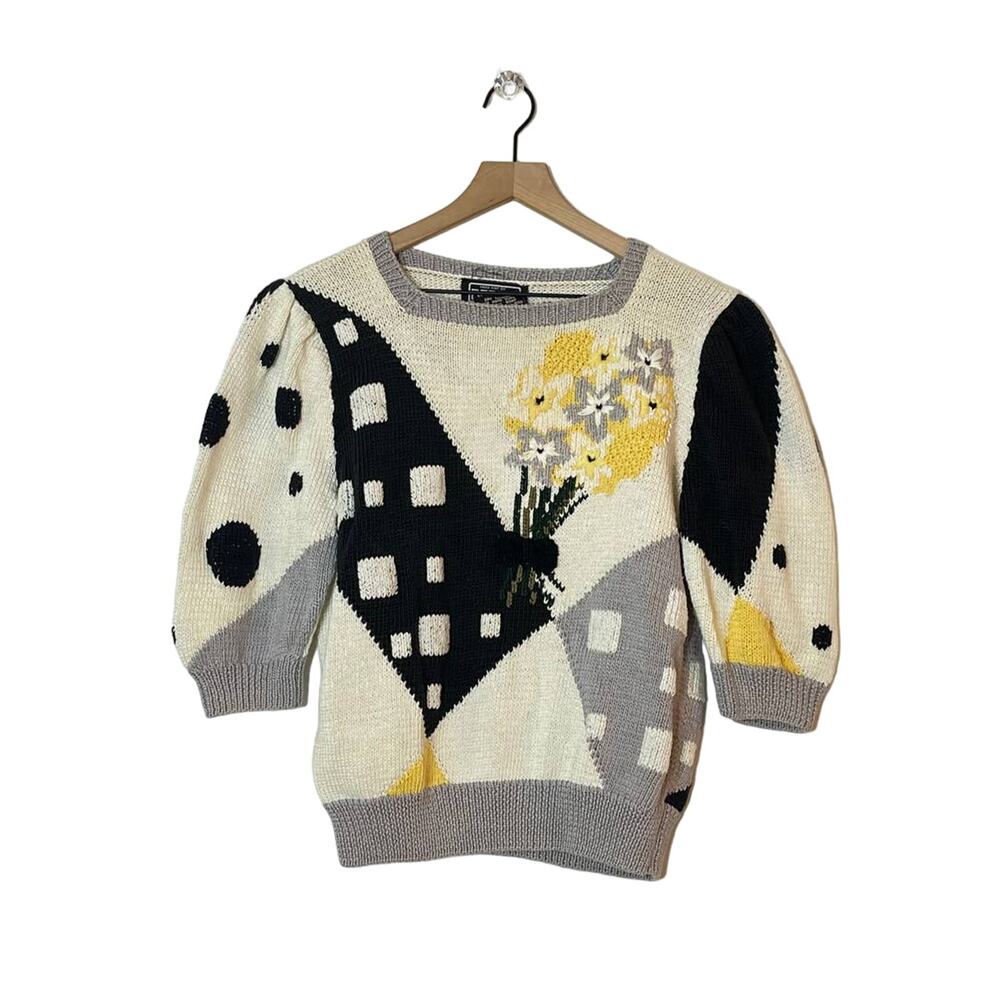 Berek Vintage 80s Hand Knit Sweater Dots and‎ Daisies Size Small Funky Novelty
